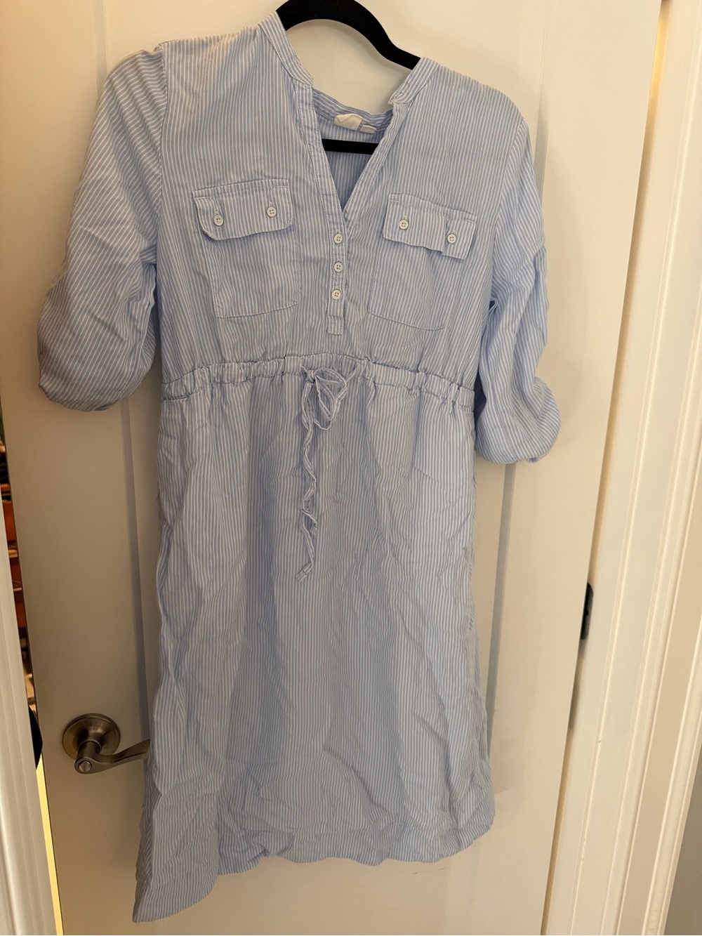 Light Blue Striped Women's Drawstring Shirt Dress